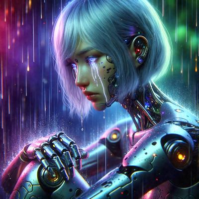 The primary subject of the image is a futuristic robot with a human-like appearance. The robot is wearing a blue wig and has a tearful expression. The setting is a rainy environment, with the robot standing in the rain. The visual style is a digital art or illustration, creating a surreal and emotional atmosphere. The dominant colors are blue and purple, with the rain adding a sense of melancholy to the scene.